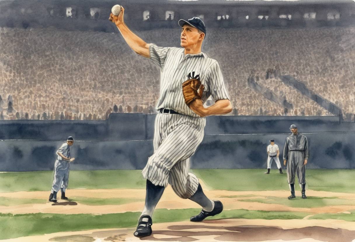 Watercolor painting based depiction of New York Yankees pitcher Don Larsen pitches the only perfect game in World Series history during Game 5 of the 1956 World Series against the Brooklyn Dodgers. (1956)