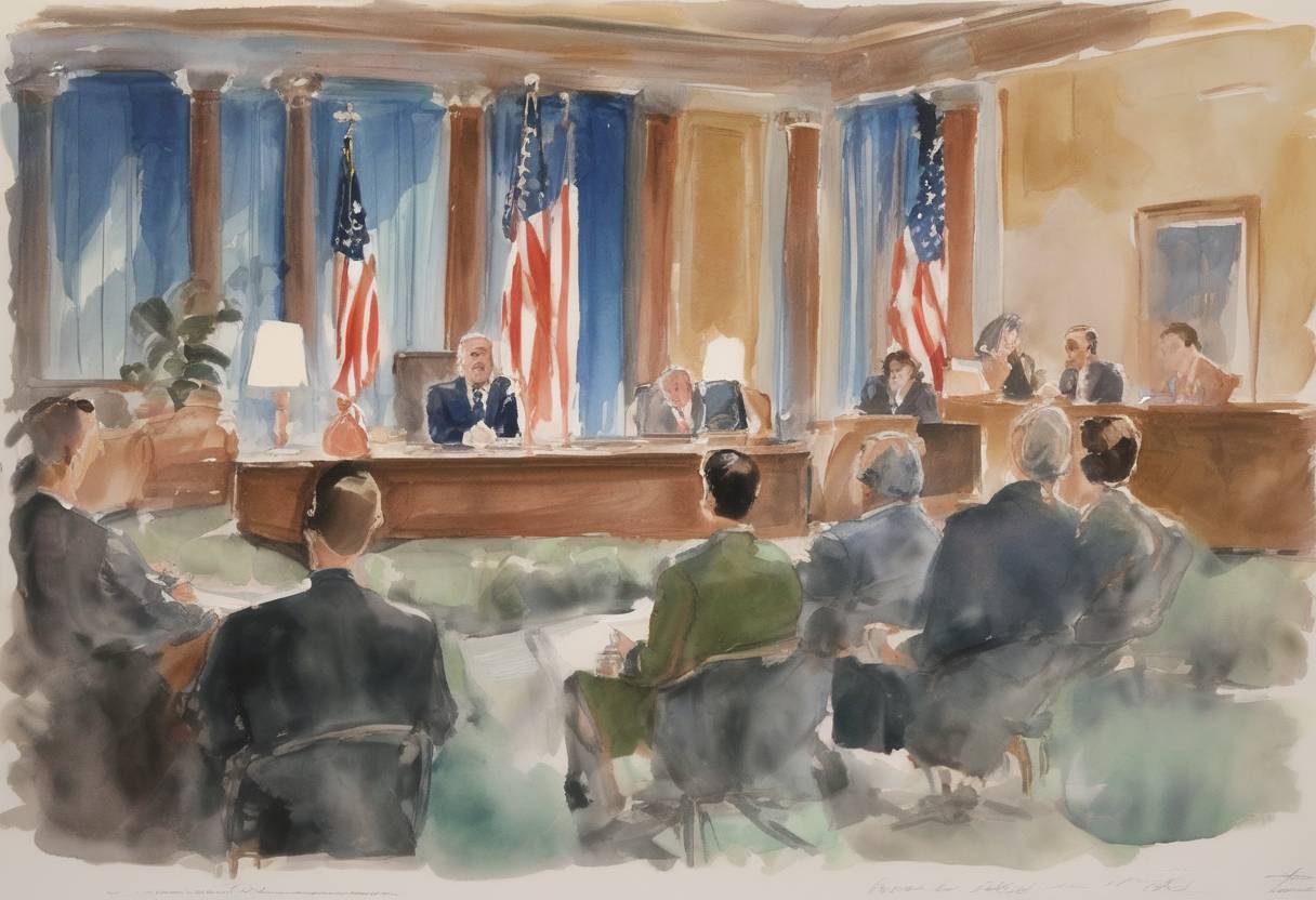Watercolor painting based depiction of Charles Van Doren admitted to a Congressional committee that he had been given questions and answers in advance of his appearances on the quiz show 'Twenty-One.' (1959)