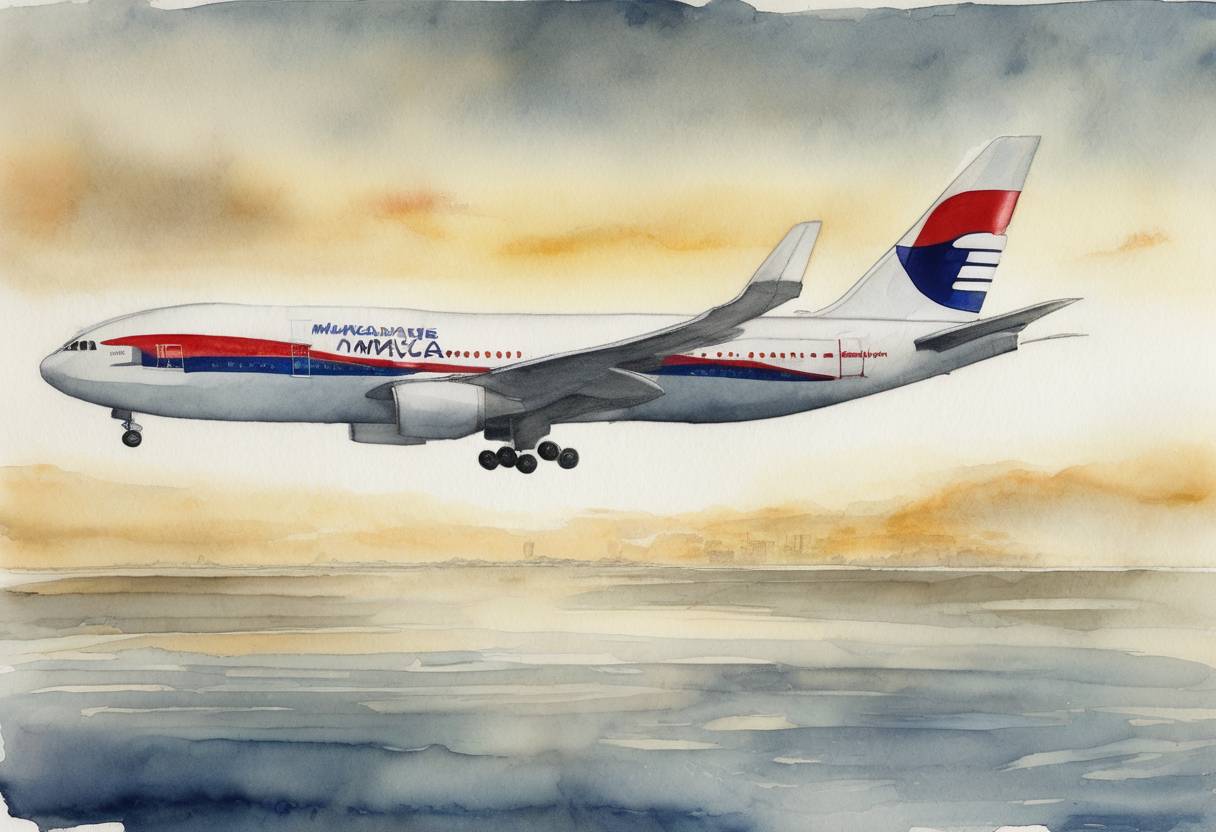 Watercolor painting based depiction of The search for Malaysia Airlines Flight MH370, which disappeared on March 8, 2014, continued with international efforts focusing on the southern Indian Ocean. (2014)