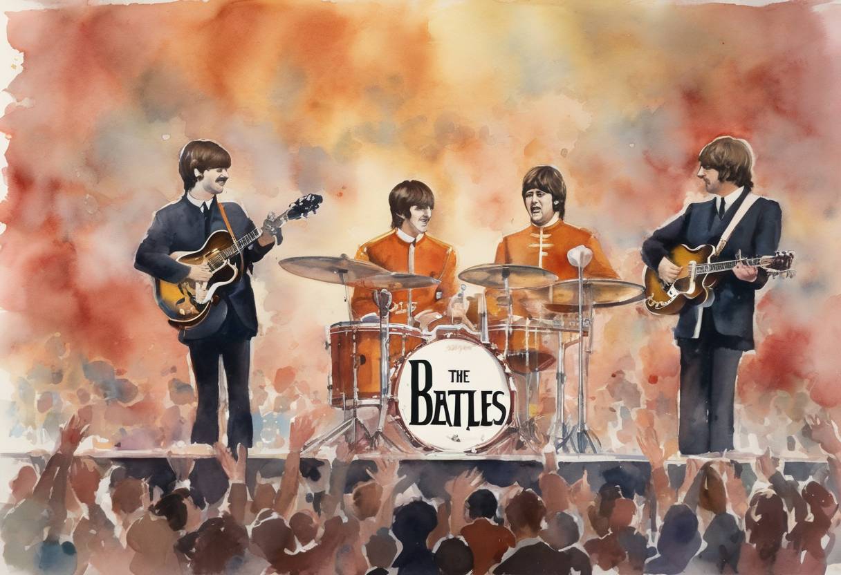 Watercolor painting based depiction of The Beatles performed their last commercial concert at Candlestick Park in San Francisco, marking the end of their touring career and a shift towards studio recording. (1966)