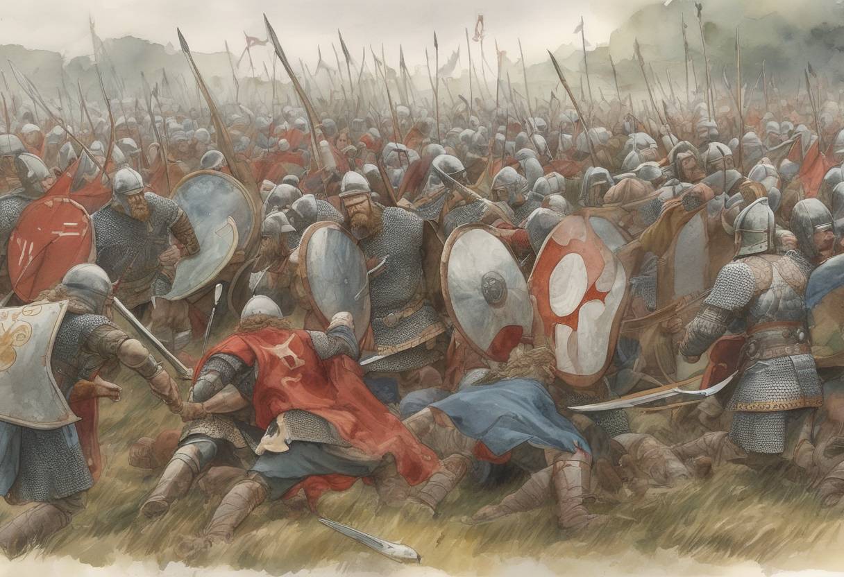 Watercolor painting based depiction of The Battle of Basing took place during the Viking invasions of England, where the forces of King Æthelred of Wessex were defeated by a Danish army. (871)