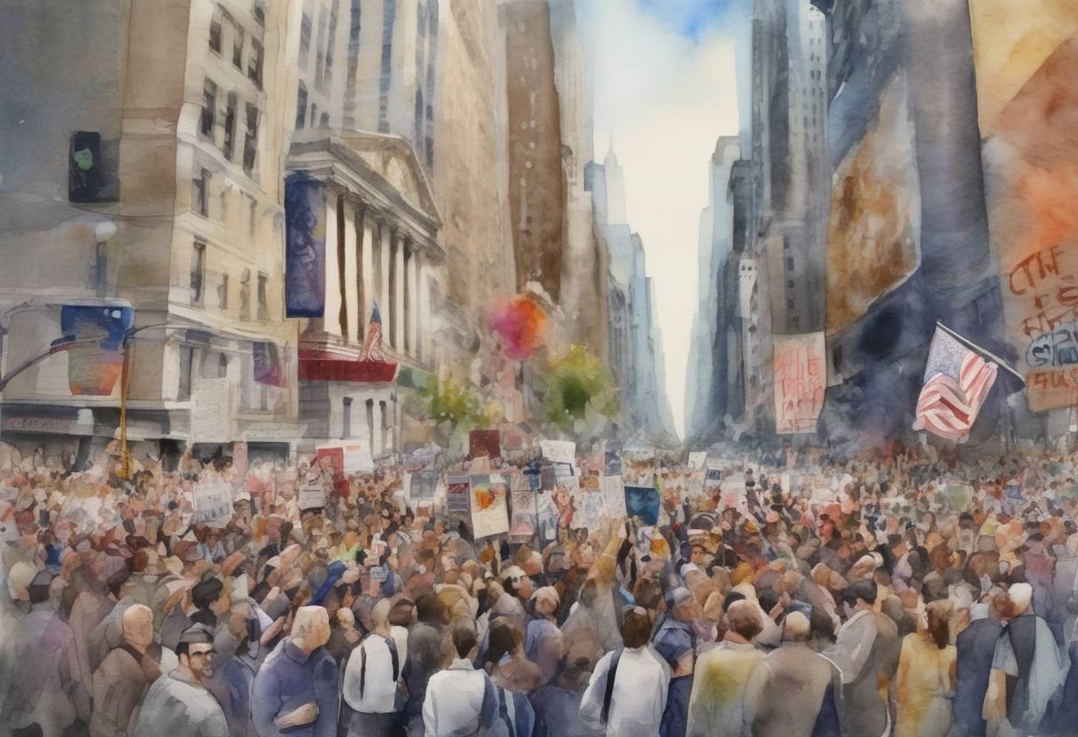 Watercolor painting based depiction of The Occupy Wall Street movement, which began in New York City, spread to cities across the United States and around the world, with protests occurring in places like London, Rome, and Sydney. (2011)