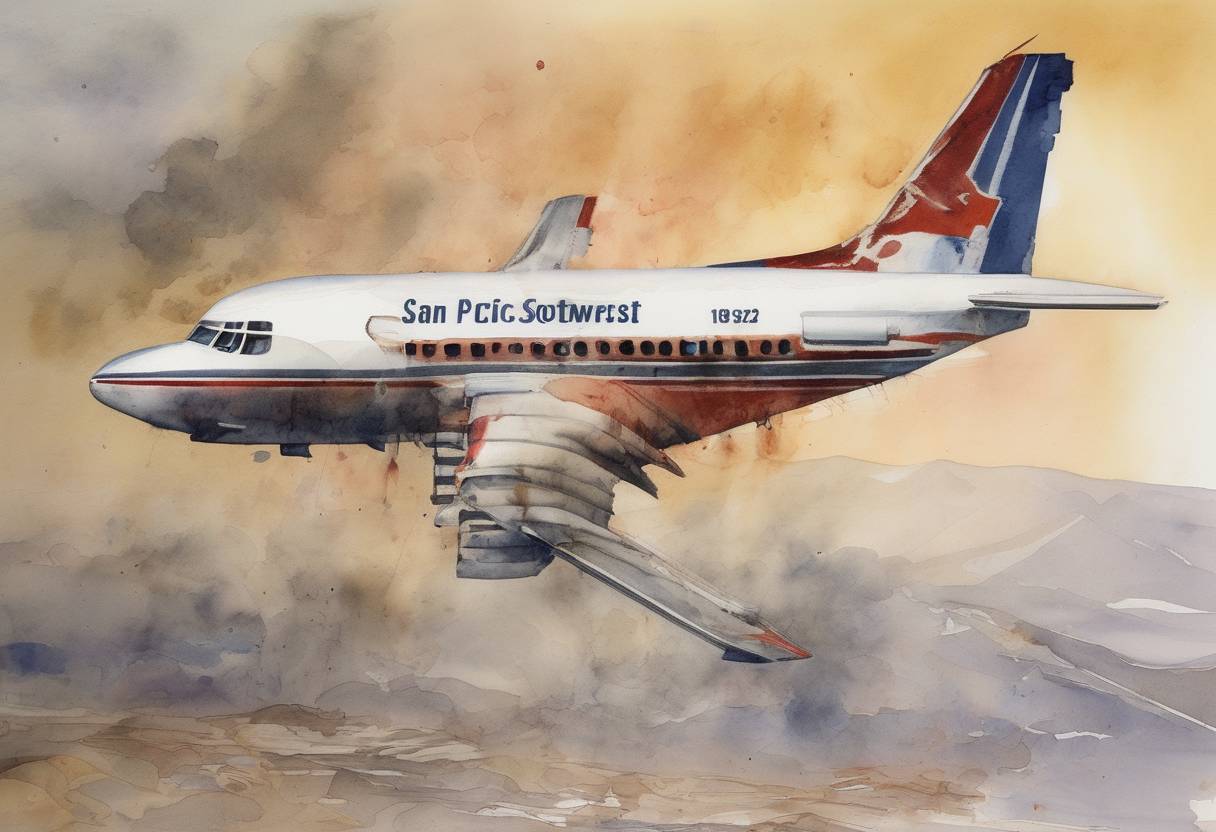 Watercolor painting based depiction of The Pacific Southwest Airlines Flight 182 collided with a private Cessna aircraft over San Diego, California, resulting in the deaths of 144 people in one of the deadliest air disasters in U.S. history. (1978)