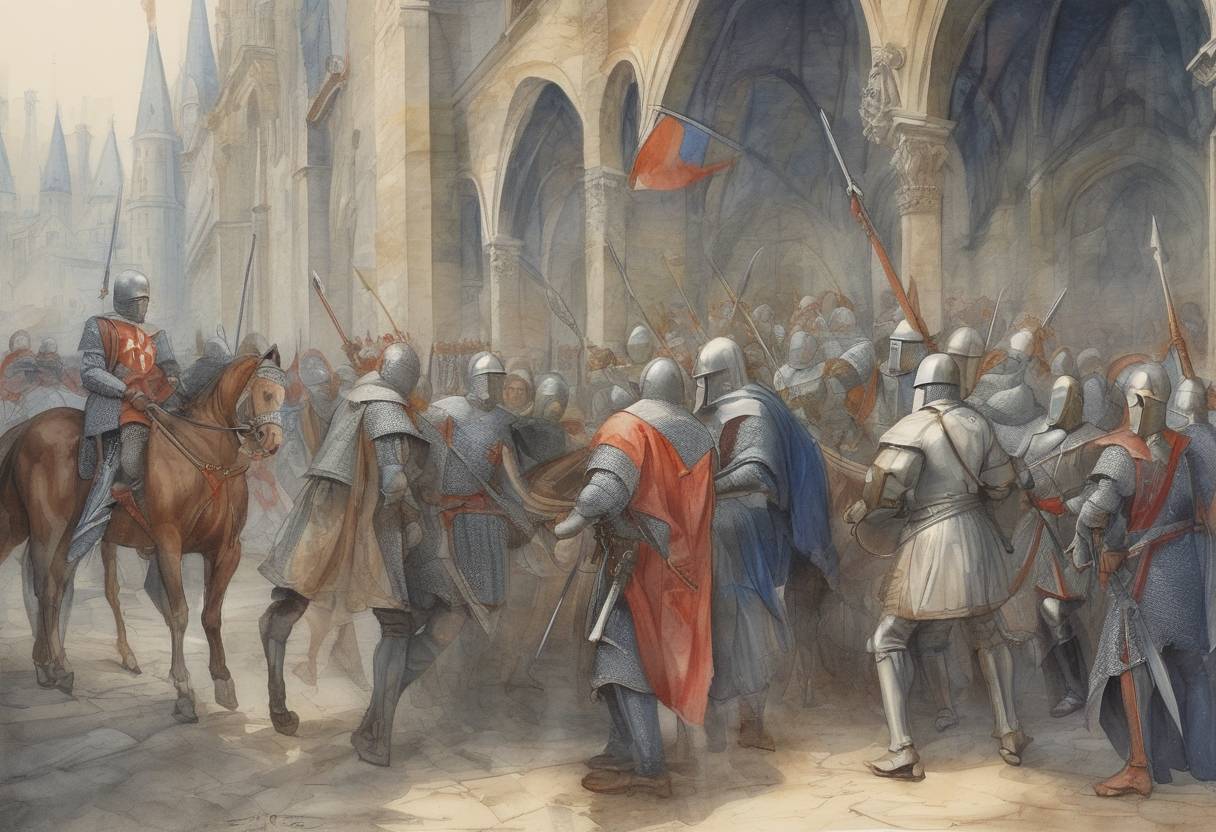 Watercolor painting based depiction of King Philip IV of France ordered the arrest of the Knights Templar, leading to the eventual dissolution of the order. (1307)