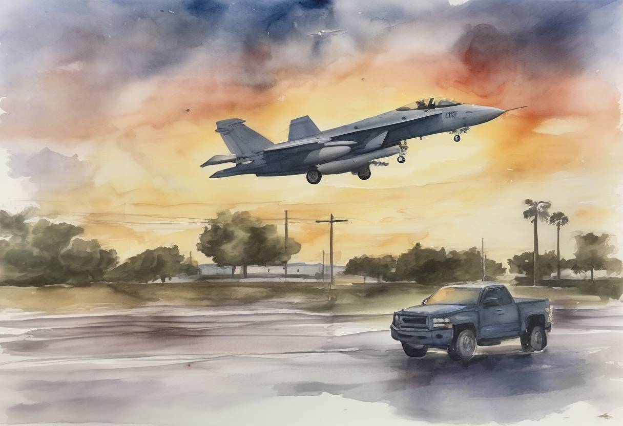 Watercolor painting based depiction of A shooting occurs at Naval Air Station Pensacola in Florida, resulting in the deaths of three people and the gunman, with eight others injured. (2019)