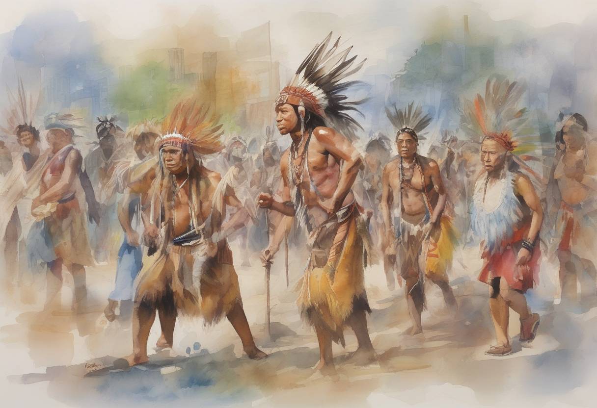 Watercolor painting based depiction of The United Nations General Assembly adopted the Declaration on the Rights of Indigenous Peoples, which outlines the rights of indigenous peoples globally. (2007)
