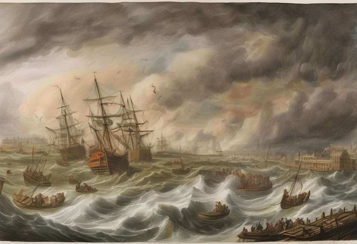 Watercolor painting based depiction of The Great Storm of 1703, one of the most severe storms in British history, reached its peak, causing extensive damage and loss of life. (1703)