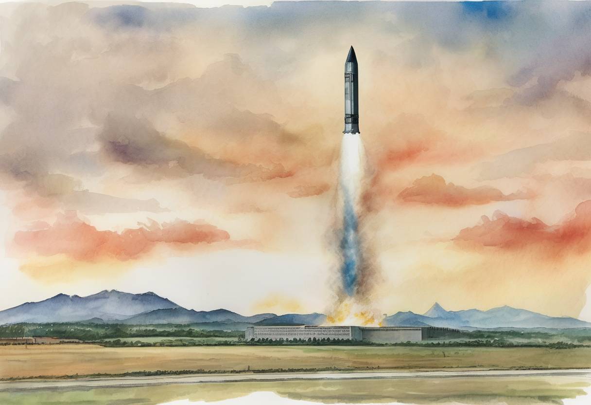 Watercolor painting based depiction of North Korea tested the Hwasong-15 missile, which it claimed could reach the entire U.S. mainland, marking a significant advancement in its missile capabilities. (2017)