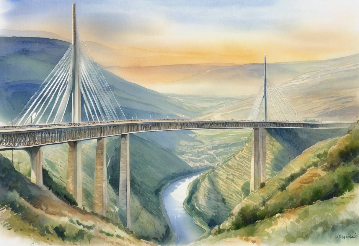 Watercolor painting based depiction of The Millau Viaduct, the tallest bridge in the world, was officially opened in France. (2004)
