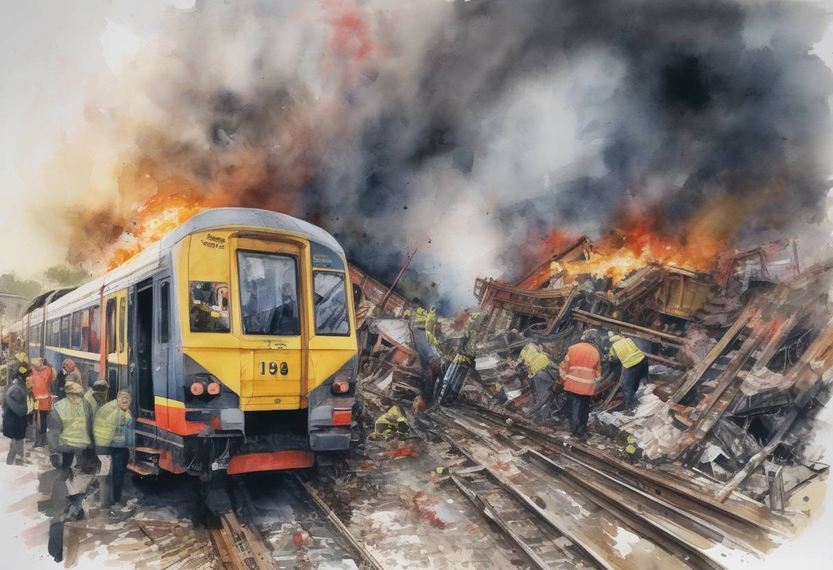 Watercolor painting based depiction of The Clapham Junction rail crash occurs in London, killing 35 people and injuring hundreds. (1988)