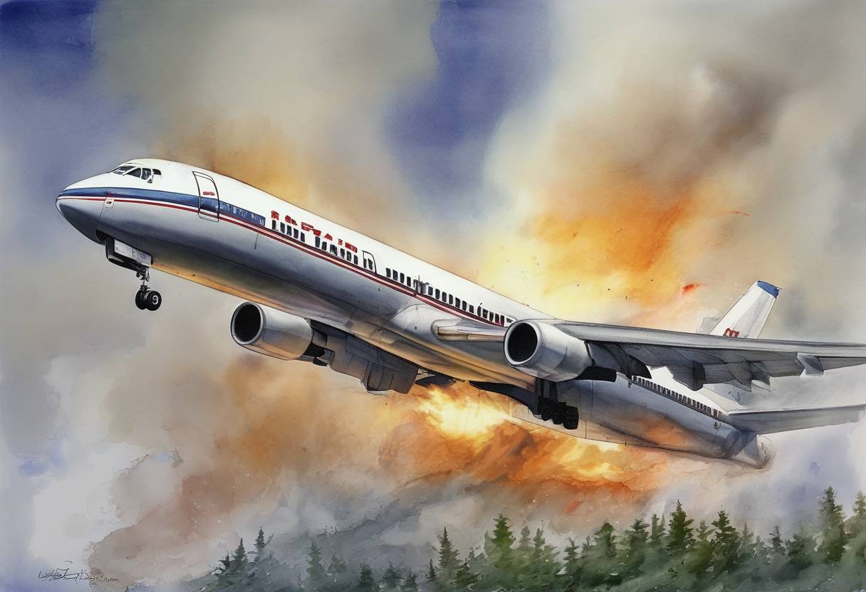 Watercolor painting based depiction of USAir Flight 427 crashes on approach to Pittsburgh International Airport, killing all 132 on board. (1994)