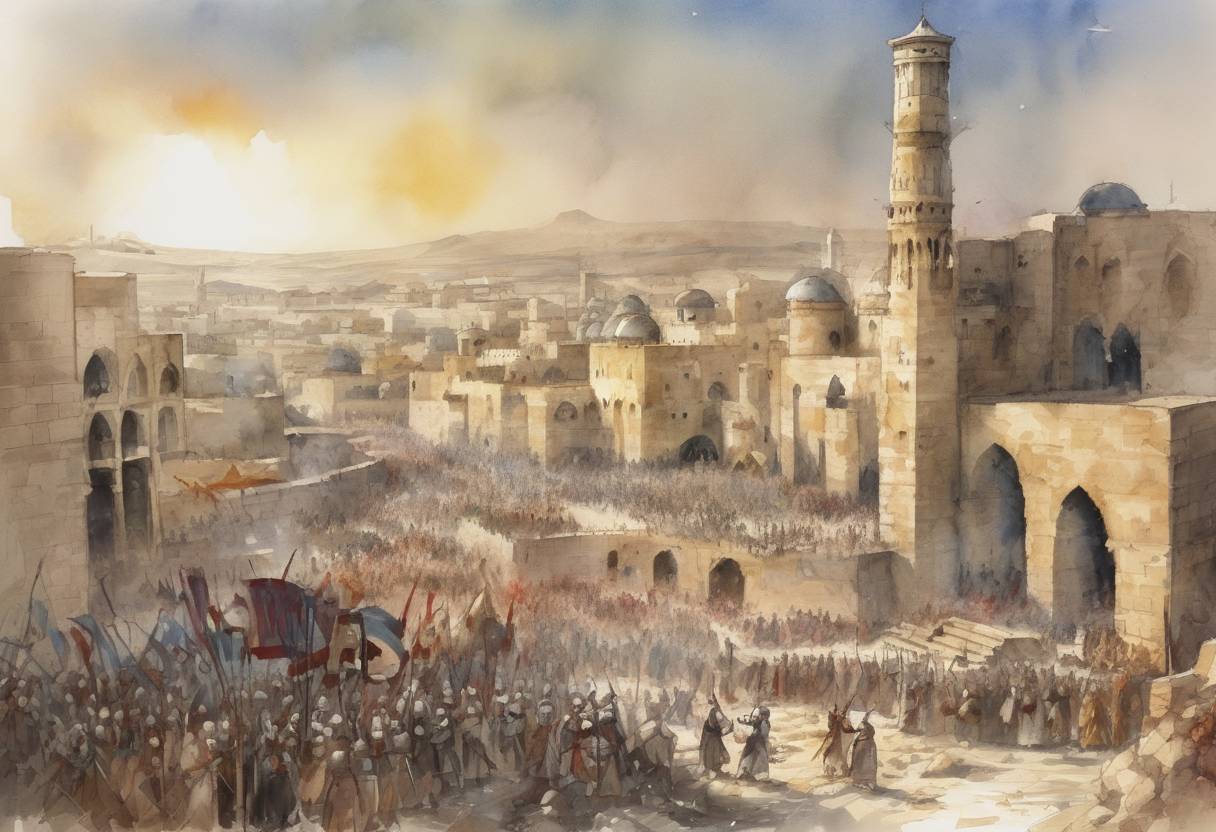 Watercolor painting based depiction of The First Crusade captures the city of Ma'arrat al-Numan in present-day Syria, leading to a notorious massacre of its inhabitants. (1098)