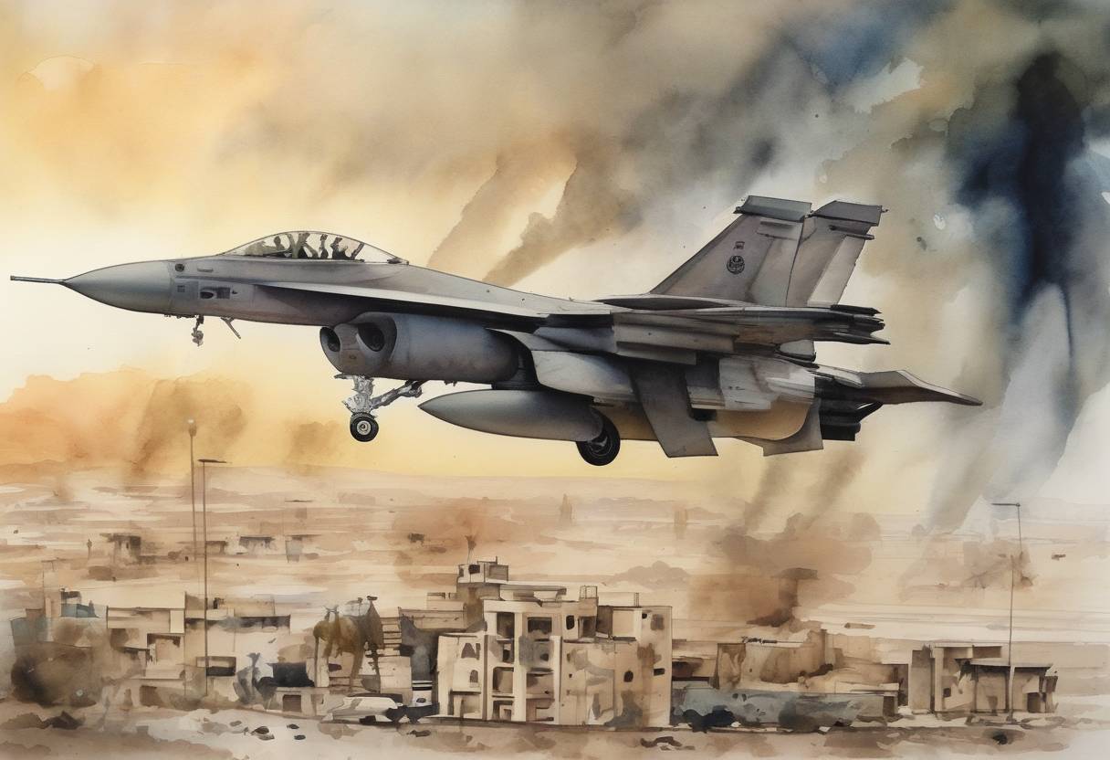 Watercolor painting based depiction of The United States launched its first airstrikes against ISIS targets in Iraq, marking the beginning of a broader military campaign against the Islamic State group. (2014)
