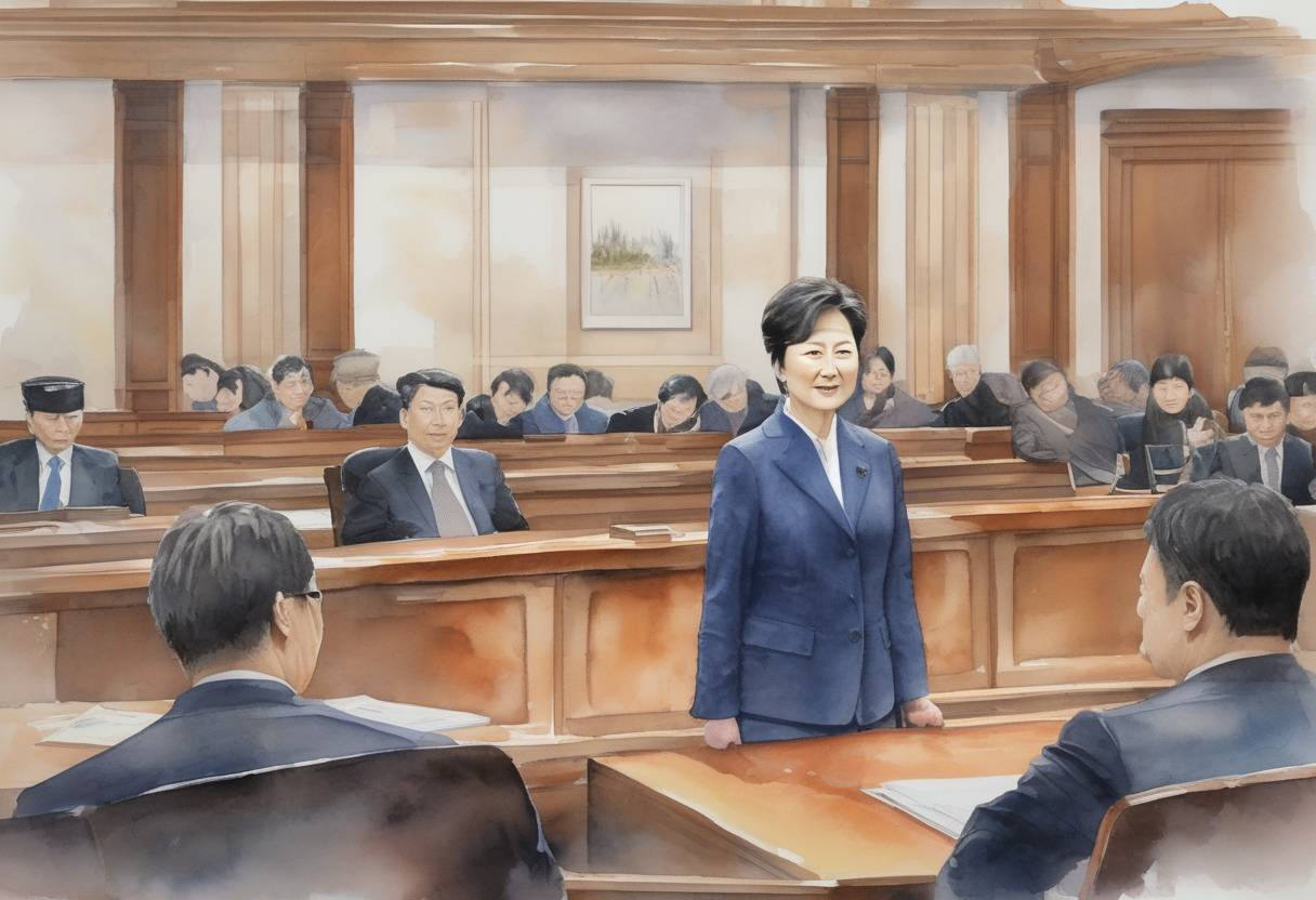 Watercolor painting based depiction of The trial of former South Korean President Park Geun-hye began, following her impeachment and arrest on charges of corruption and abuse of power. (2018)