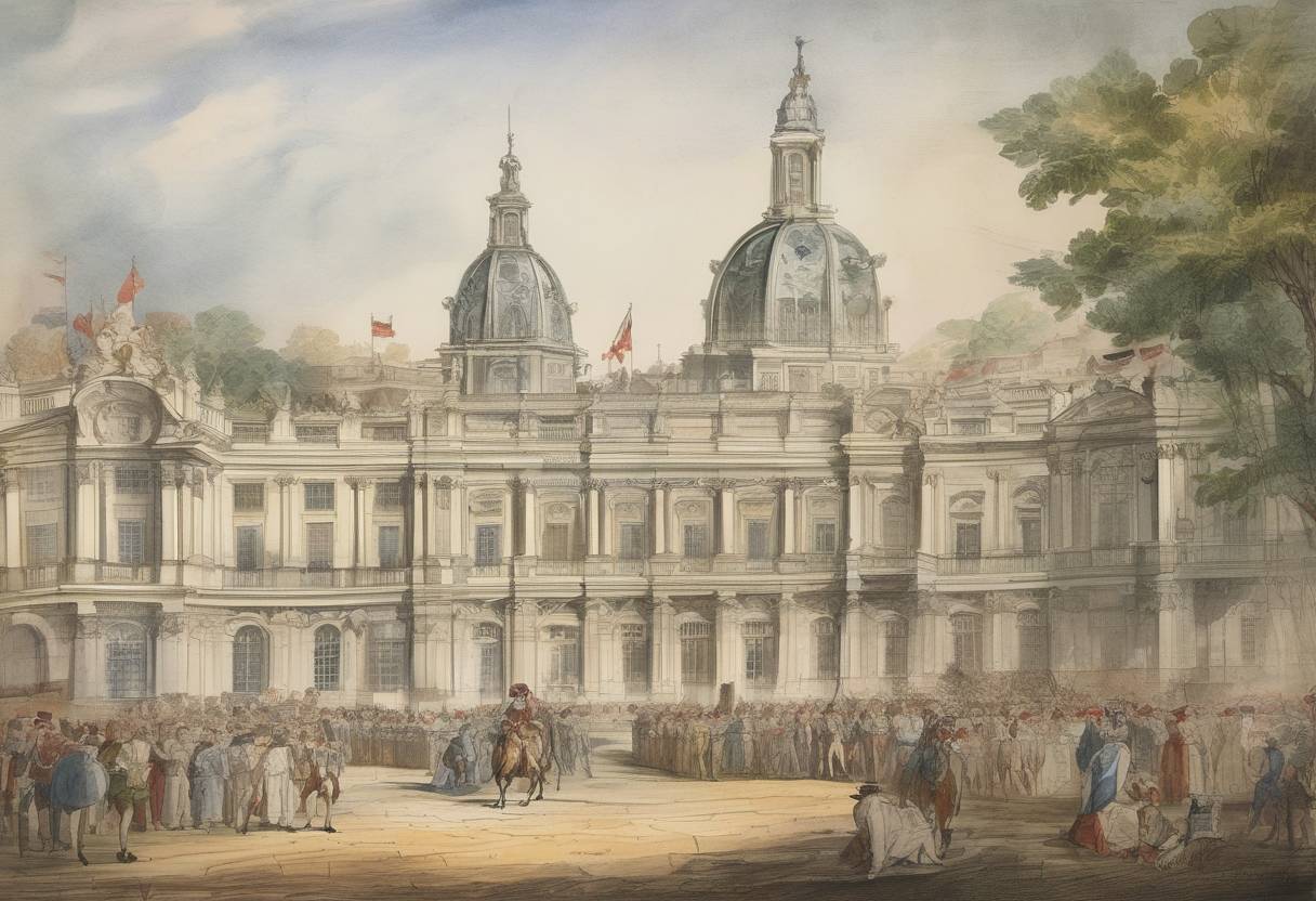 Watercolor painting based depiction of Spain recognized United States independence. (1783)