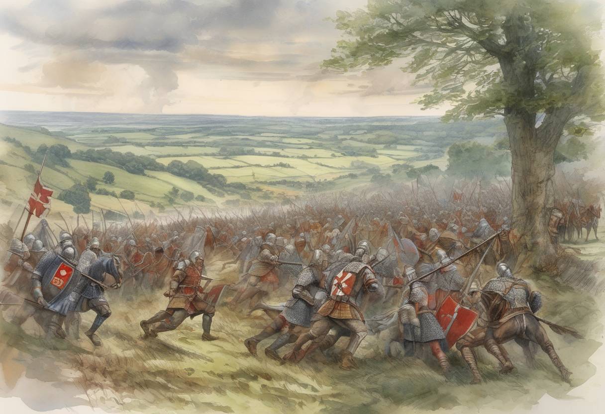 Watercolor painting based depiction of The Battle of Ashdown took place, where King Æthelred of Wessex and his brother Alfred the Great defeated the invading Danish Viking army. (871)