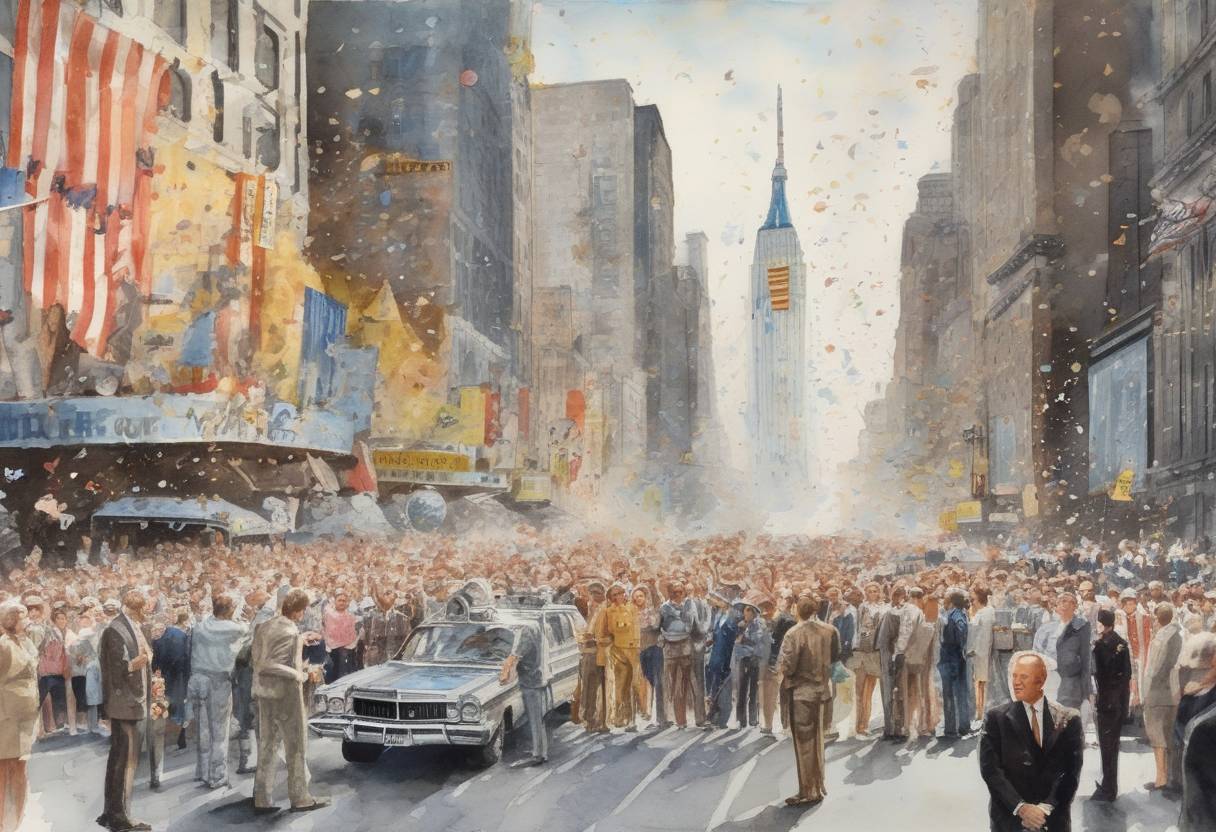 Watercolor painting based depiction of The Apollo 11 astronauts, Neil Armstrong, Buzz Aldrin, and Michael Collins, are honored with a ticker-tape parade in New York City following their successful moon landing. (1969)