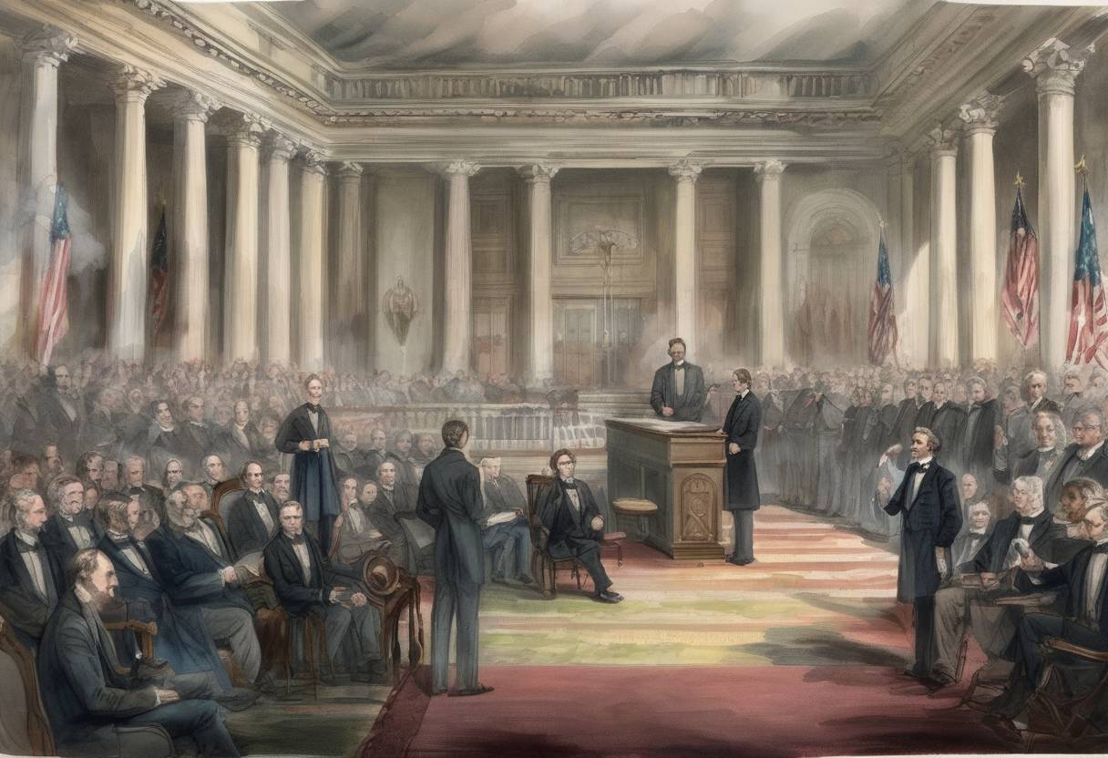 Watercolor painting based depiction of Jefferson Davis is inaugurated as the provisional president of the Confederate States of America in Montgomery, Alabama. (1861)