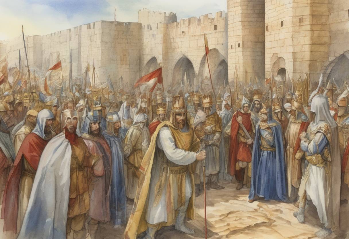 Watercolor painting based depiction of Richard I of England arrives in Acre, beginning his involvement in the Third Crusade. (1191)