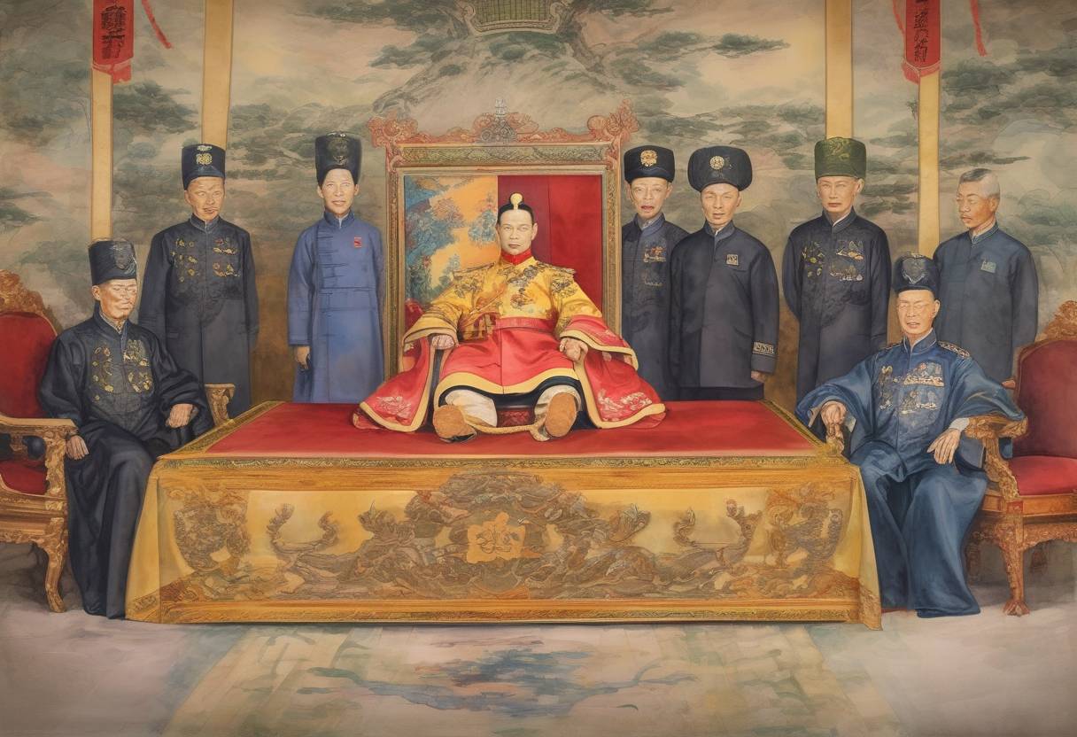 Watercolor painting based depiction of The last Emperor of China, Puyi, abdicates the throne, marking the end of the Qing Dynasty and the imperial era in China. (1912)