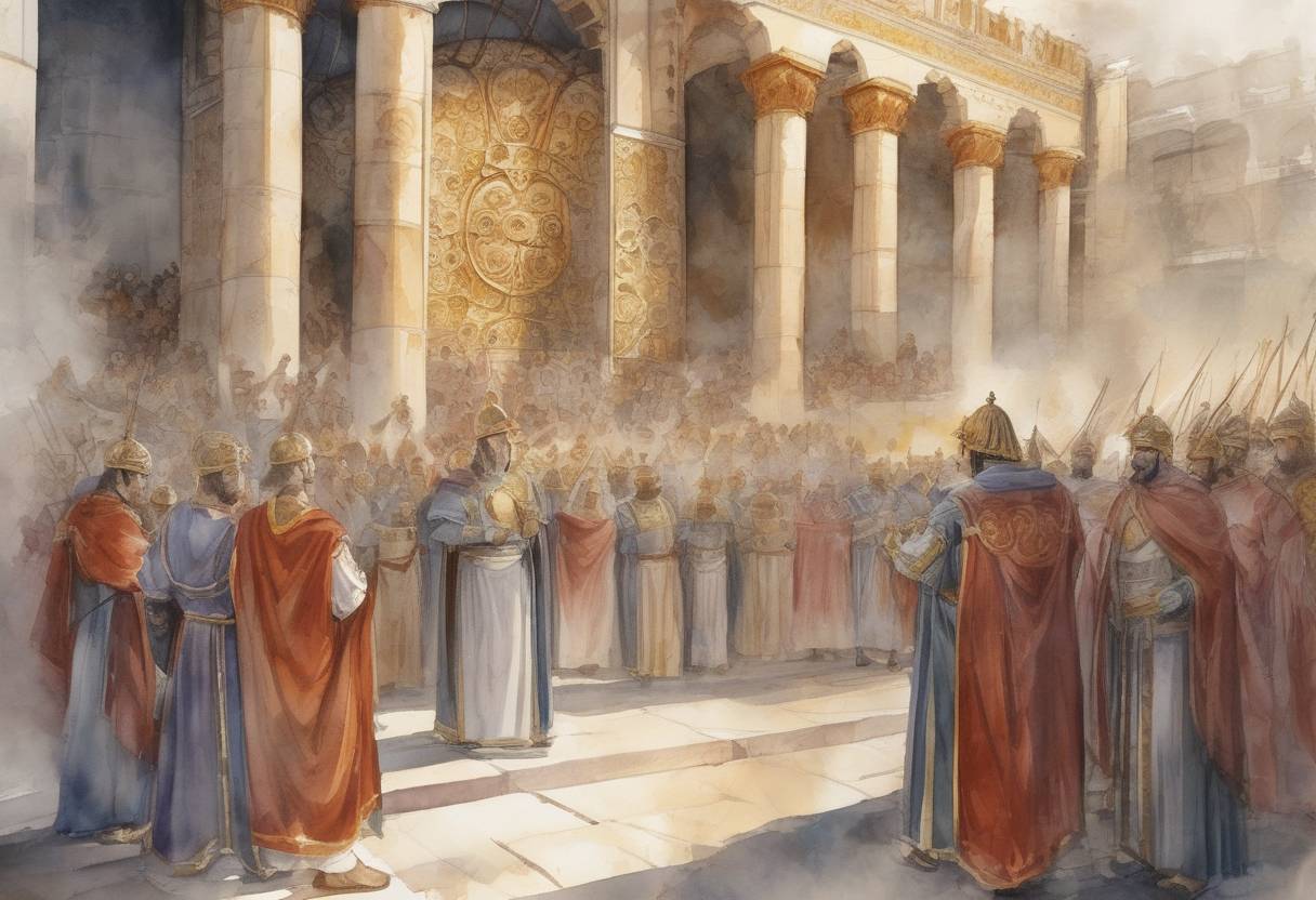 Watercolor painting based depiction of Leo II becomes Byzantine Emperor. (474)