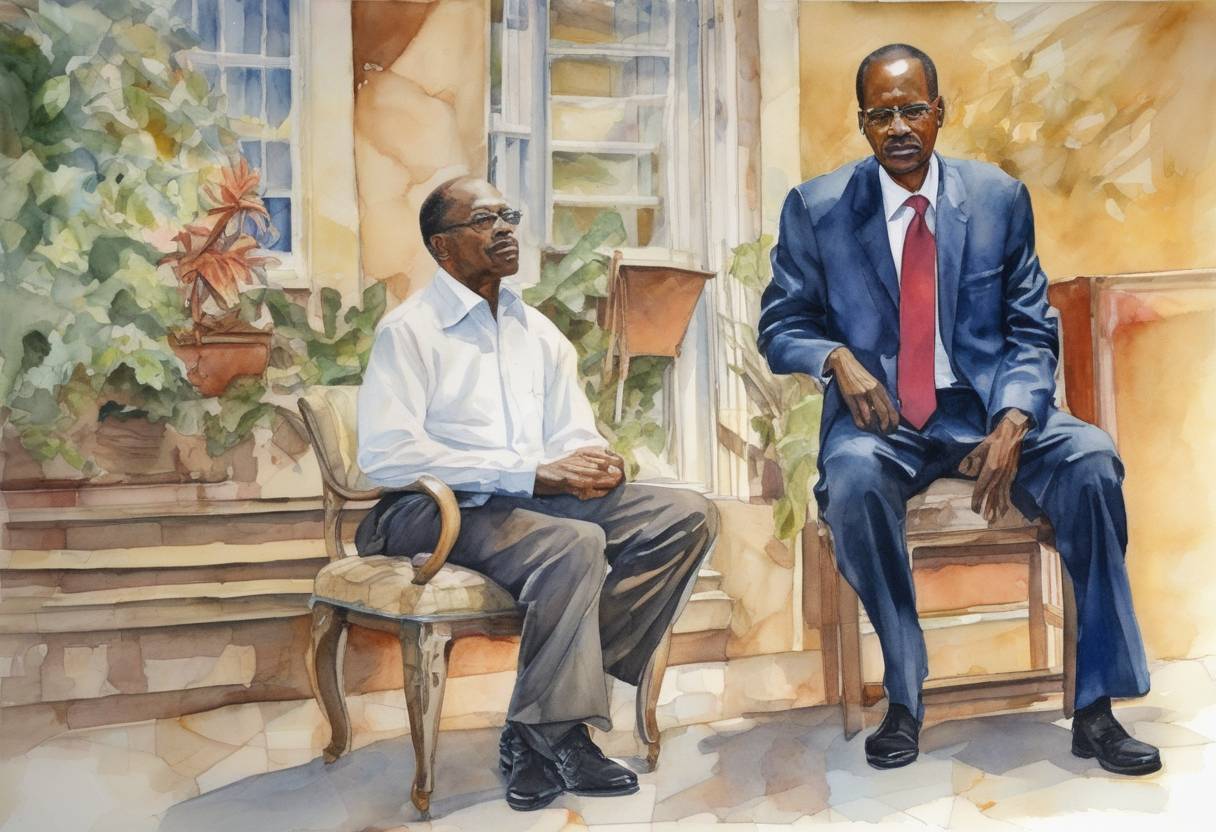 Watercolor painting based depiction of Jean-Bertrand Aristide, the President of Haiti, was ousted from power and fled the country amid a rebellion and political crisis. (2004)