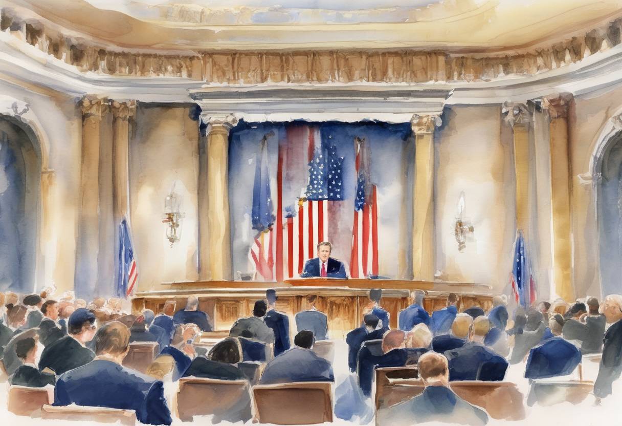 Watercolor painting based depiction of In his State of the Union address, U.S. President George W. Bush describes Iraq, Iran, and North Korea as an 'axis of evil,' accusing them of sponsoring terrorism and seeking weapons of mass destruction. (2002)