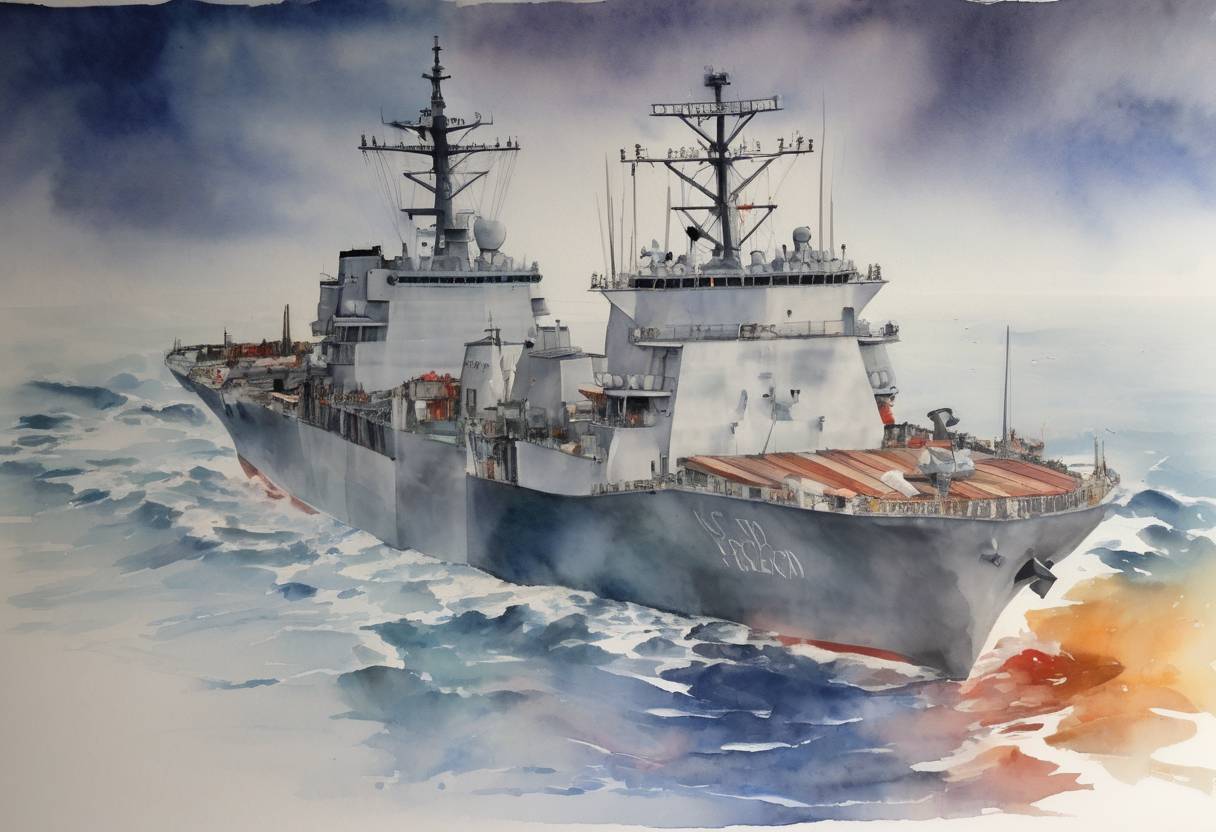 Watercolor painting based depiction of The collision between the USS Fitzgerald, a United States Navy destroyer, and the ACX Crystal, a Philippine-flagged container ship, occurred off the coast of Japan, resulting in the deaths of seven U.S. sailors and significant damage to the destroyer. (2017)