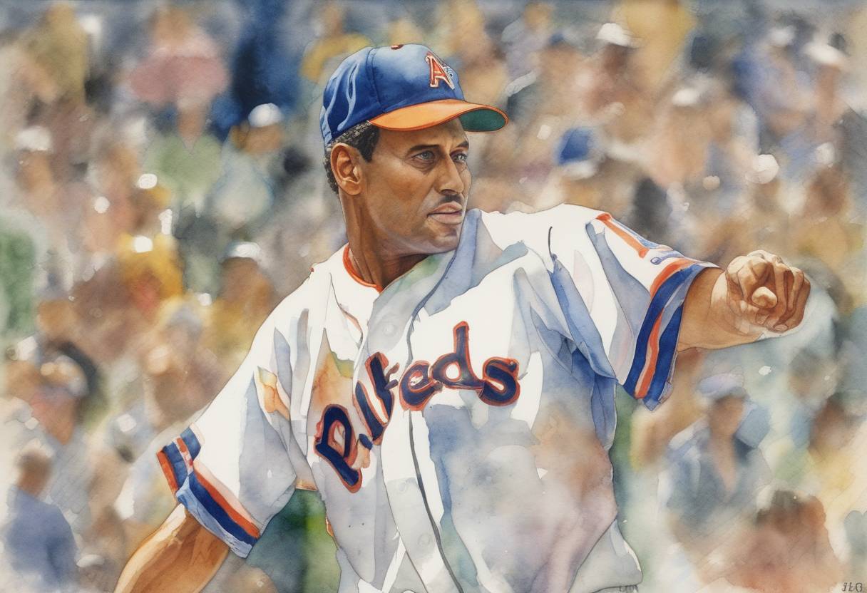 Watercolor painting based depiction of Nolan Ryan struck out Rickey Henderson to become the first Major League Baseball pitcher to record 5,000 strikeouts. (1989)