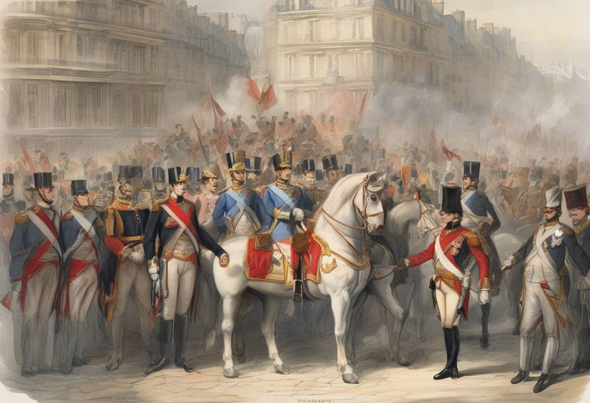 Watercolor painting based depiction of King Louis-Philippe of France abdicated the throne following the February Revolution, leading to the establishment of the French Second Republic. (1848)
