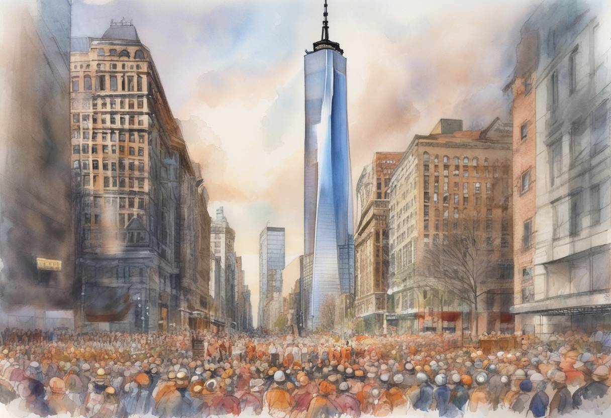 Watercolor painting based depiction of The groundbreaking ceremony for the Freedom Tower, later renamed One World Trade Center, took place in New York City. This marked a significant step in the rebuilding of the World Trade Center site after the September 11 attacks. (2004)