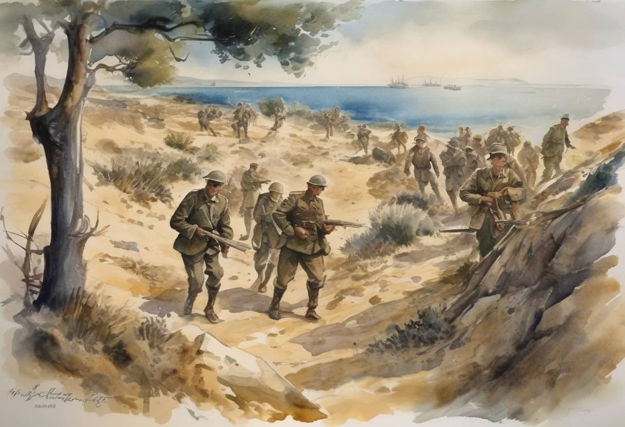 Watercolor painting based depiction of The Gallipoli Campaign began during World War I, as Allied forces landed on the Gallipoli Peninsula in an attempt to secure a sea route to Russia. (1915)