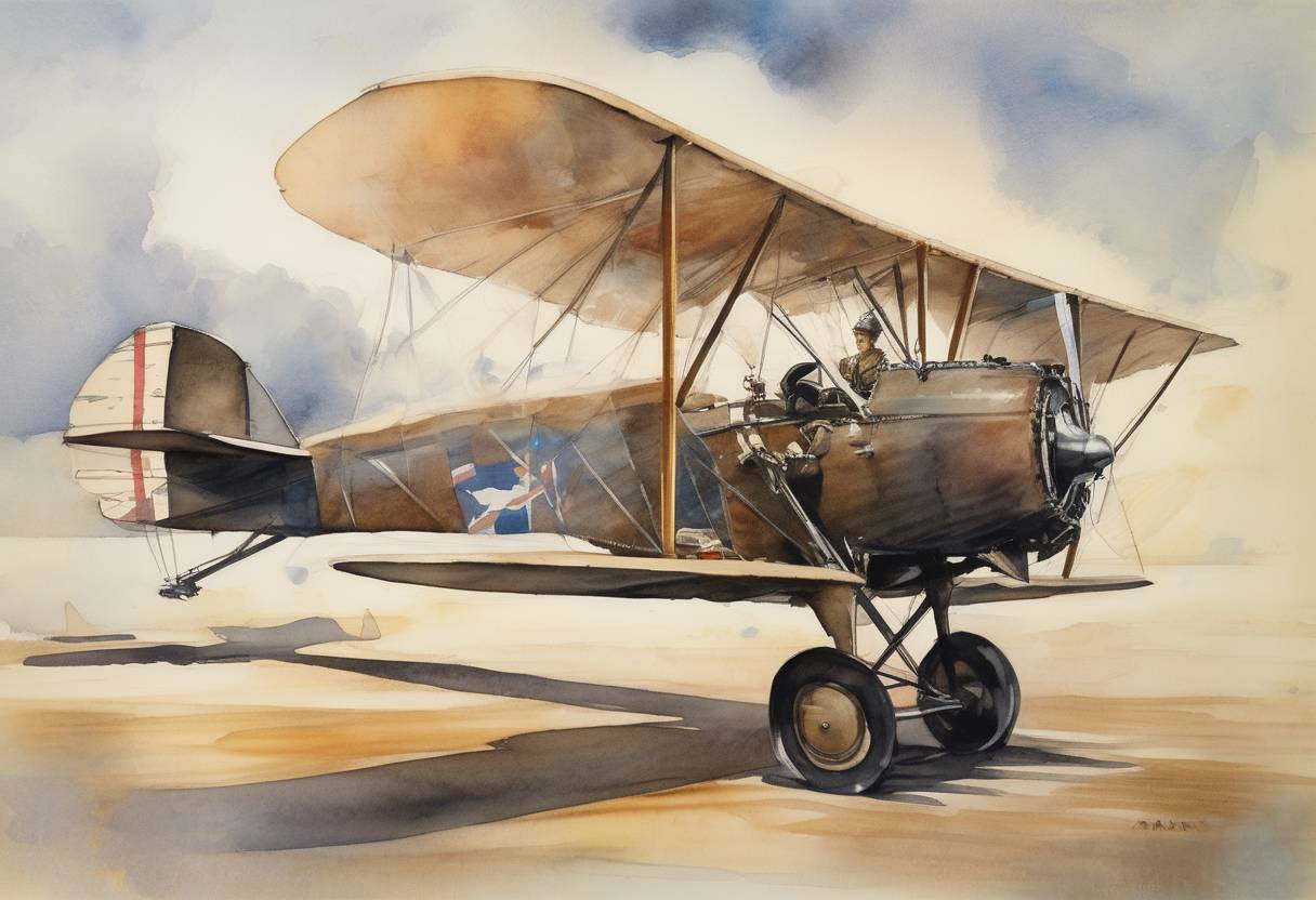 Watercolor painting based depiction of Amy Johnson becomes the first woman to fly solo from England to Australia, landing in Darwin after a flight of 11,000 miles. (1930)