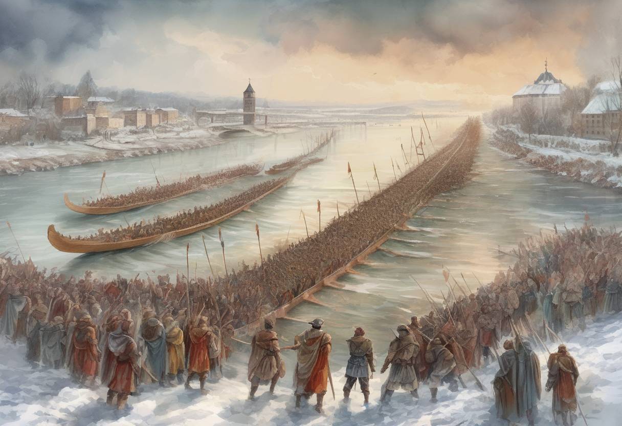 Watercolor painting based depiction of The Alamanni cross the frozen Rhine River in large numbers, invading the Roman Empire. (366)