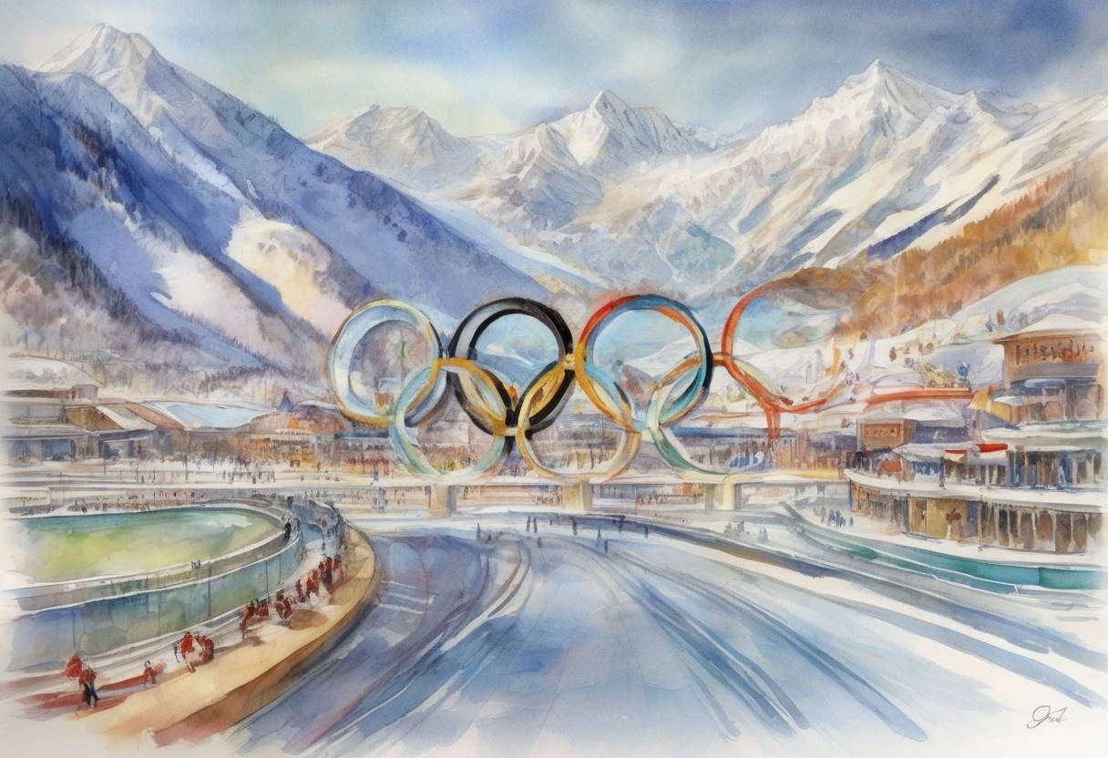 Watercolor painting based depiction of The XXII Olympic Winter Games opened in Sochi, Russia, marking the first time the Winter Olympics were held in Russia. (2014)