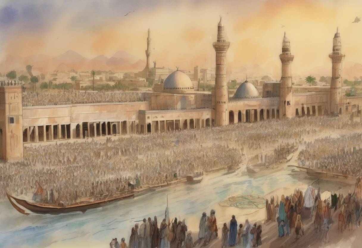 Watercolor painting based depiction of The city of Baghdad was founded by the Abbasid caliph Al-Mansur. It was designed to be the capital of the Abbasid Caliphate and quickly became a major cultural, commercial, and intellectual center of the Islamic world. (762)