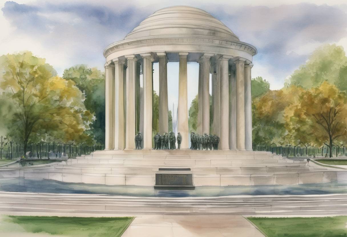 Watercolor painting based depiction of The World War II Memorial was dedicated in Washington, D.C., honoring the 16 million people who served in the American armed forces during World War II, the more than 400,000 who died, and all who supported the war effort from home. (2004)
