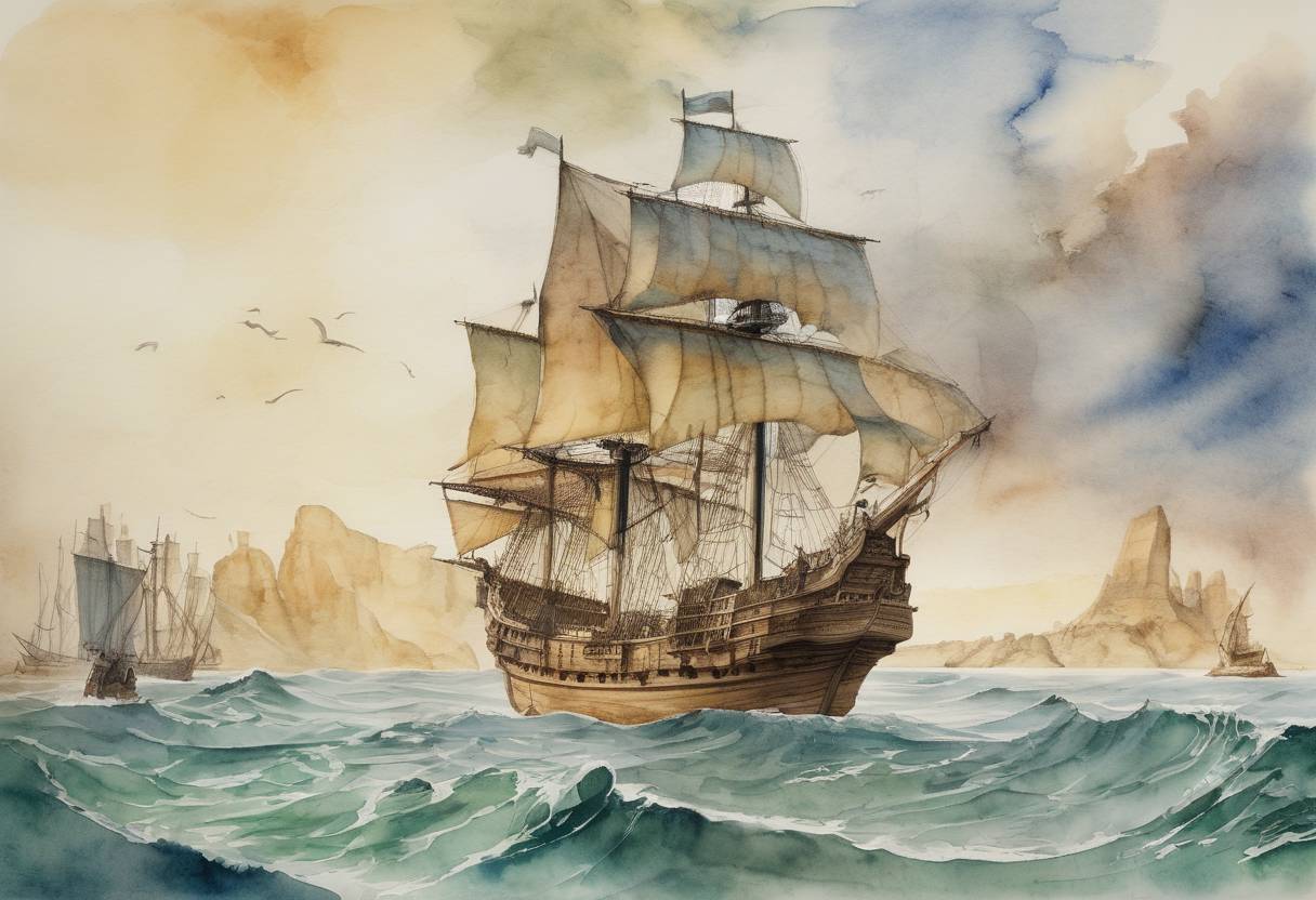 Watercolor painting based depiction of Christopher Columbus set sail from Palos de la Frontera, Spain, on his first voyage across the Atlantic Ocean, aiming to find a westward route to Asia. Instead, he would eventually reach the Americas, marking the beginning of European exploration and colonization of the continent. (1492)