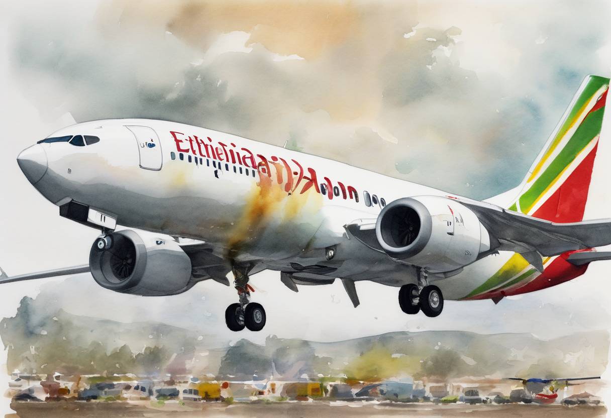Watercolor painting based depiction of Ethiopian Airlines Flight 302, a Boeing 737 MAX 8, crashed shortly after takeoff from Addis Ababa, Ethiopia, killing all 157 people on board. This incident led to the global grounding of the Boeing 737 MAX fleet. (2019)