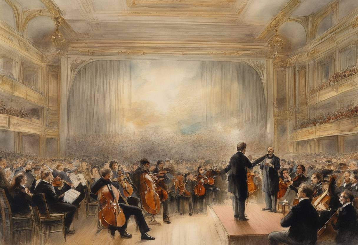 Watercolor painting based depiction of Antonín Dvořák's Symphony No. 9, 'From the New World', premieres in Carnegie Hall, New York City, conducted by Anton Seidl. (1893)