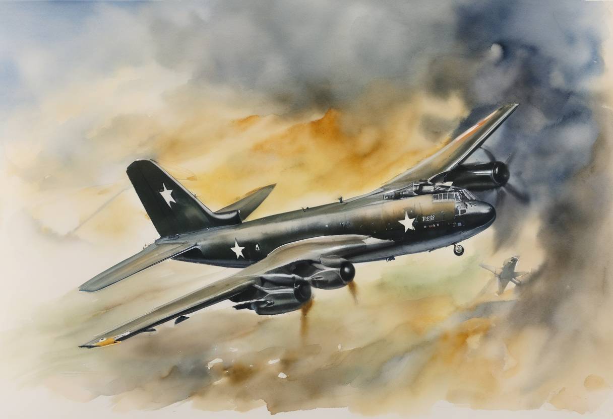 Watercolor painting based depiction of President Richard Nixon orders a halt to the bombing of North Vietnam above the 20th parallel, thus ending the intense bombing campaign known as Operation Linebacker II. (1972)