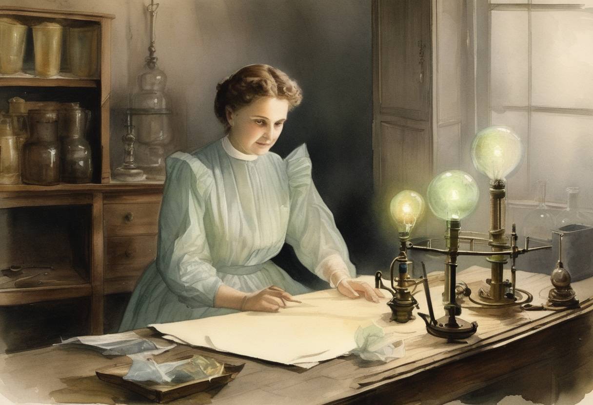 Watercolor painting based depiction of Pierre and Marie Curie discovered the radioactive element radium. (1898)