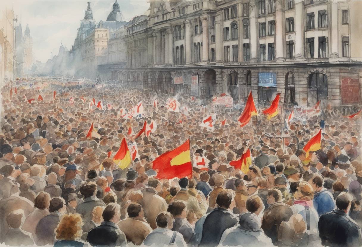 Watercolor painting based depiction of Thousands of people in Leipzig demonstrated in favor of democratic reforms in East Germany, marking a significant point in the peaceful revolution that led to the fall of the Berlin Wall. (1989)