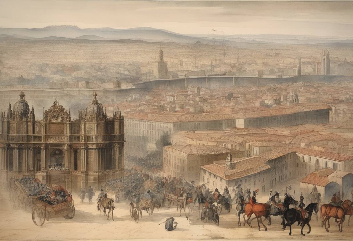 Watercolor painting based depiction of Catalonia was defeated in the War of the Spanish Succession as forces loyal to Philip V of Spain captured Barcelona. (1714)