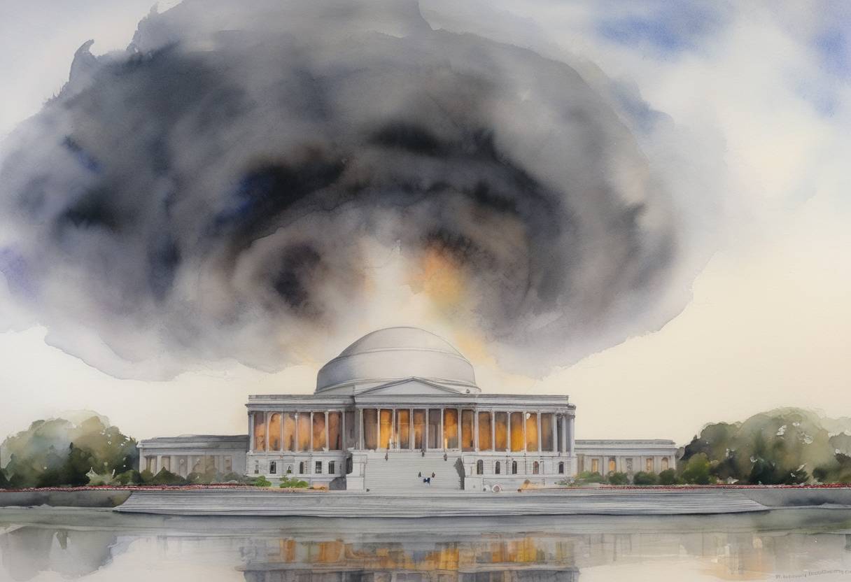 Watercolor painting based depiction of The United States Senate rejected a Comprehensive Test Ban Treaty, voting against ratifying the pact, which aimed to ban all nuclear explosions. (1999)