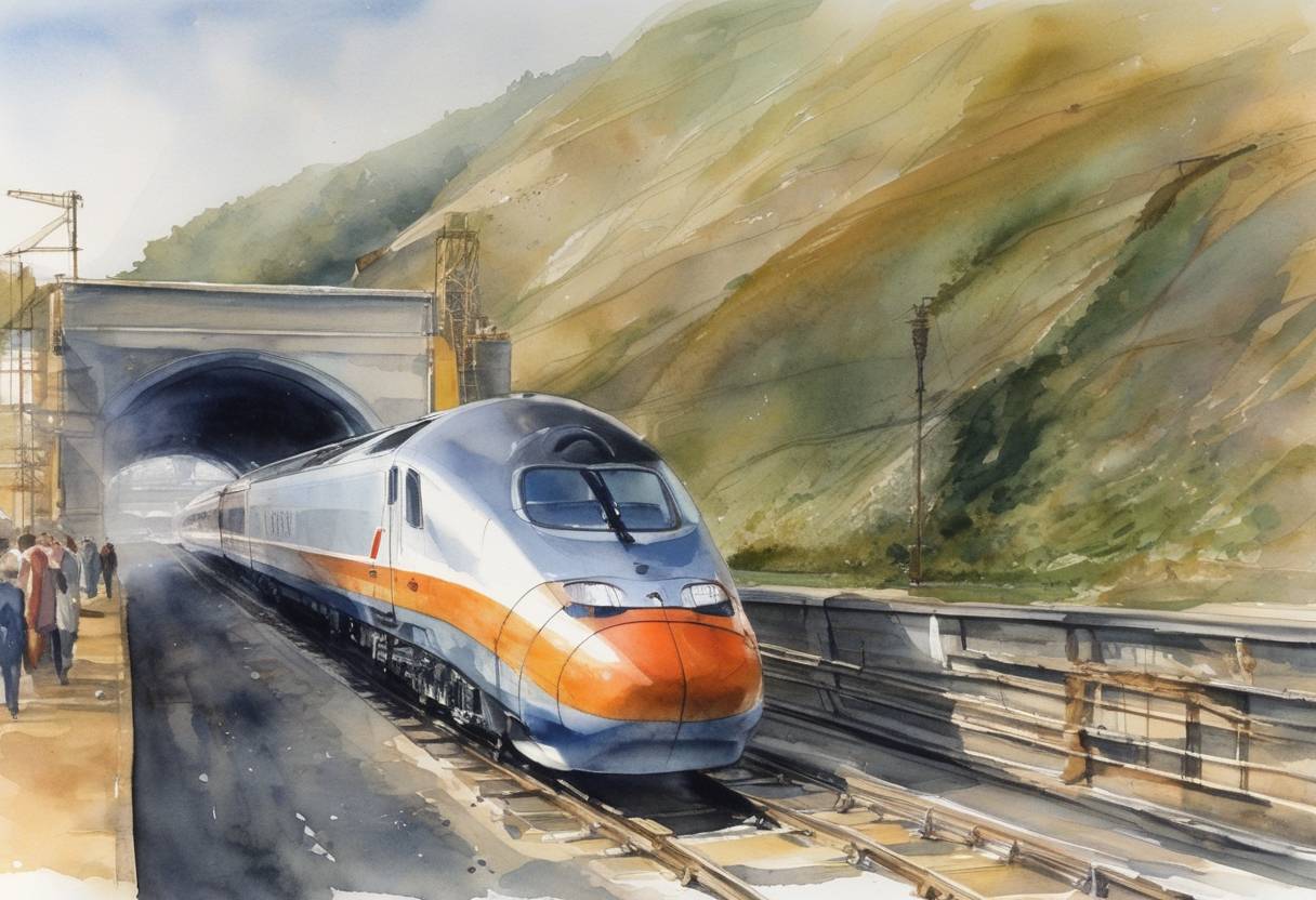 Watercolor painting based depiction of The first test run for the Channel Tunnel, known as the Chunnel, took place, marking a significant engineering achievement in creating the underwater rail link between the UK and France. (1990)