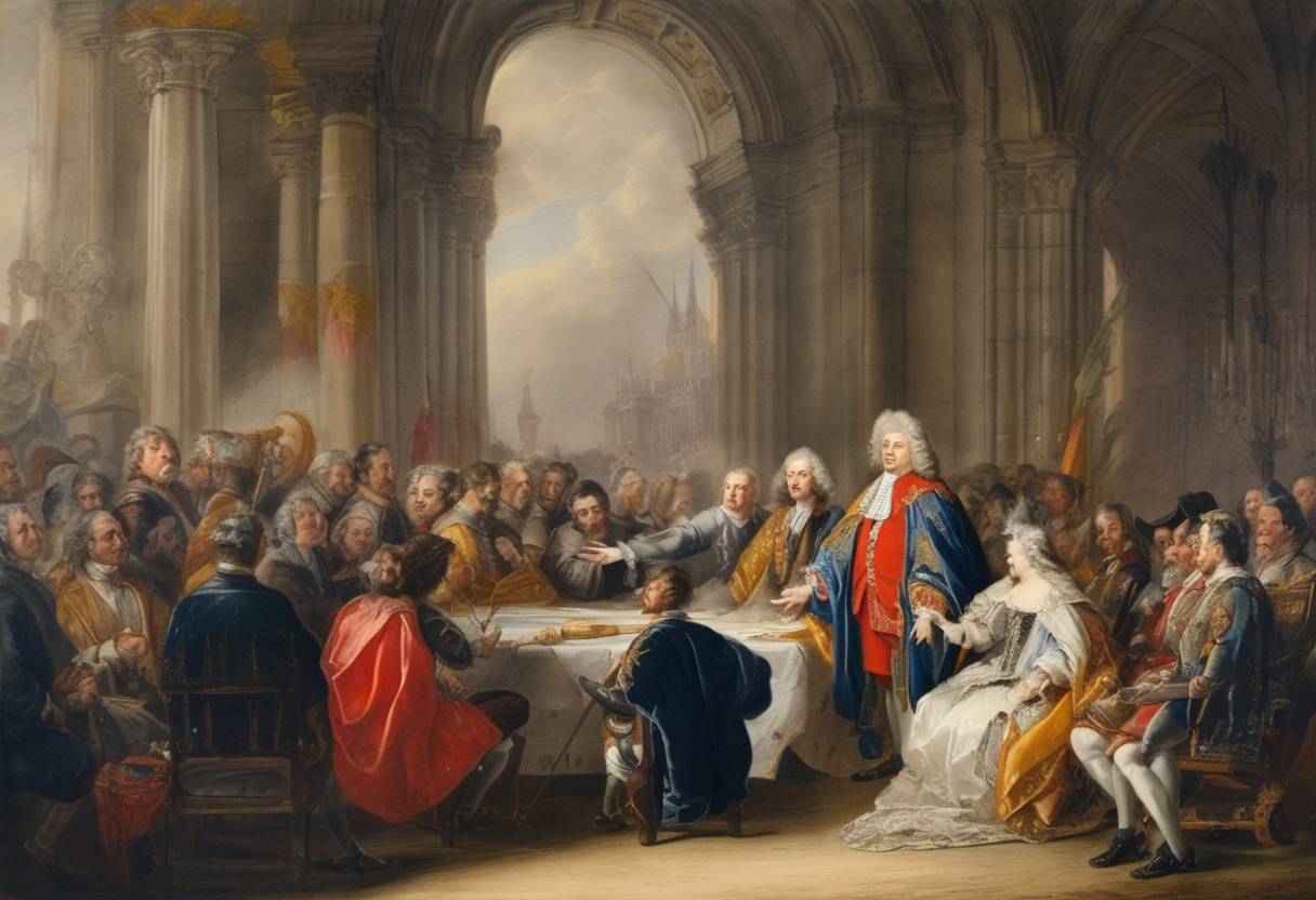 Watercolor painting based depiction of Treaty of Aix-la-Chapelle is signed, marking the end of the War of Devolution between France and Spain. (1668)