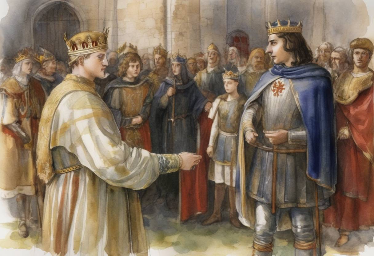 Watercolor painting based depiction of Henry the Young King and Philip, the son of Louis VII of France, pledge allegiance to one another at a meeting arranged by their fathers. This pact was part of the ongoing Angevin-Capetian rivalry, marking a temporary truce between the Plantagenet and Capetian dynasties. (1172)