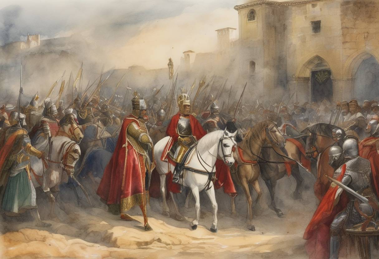 Watercolor painting based depiction of The death of Alfonso I, the first king of Portugal, occurred. His reign was marked by military successes against the Moors and the establishment of an independent Portuguese state recognized by the Pope. (1185)