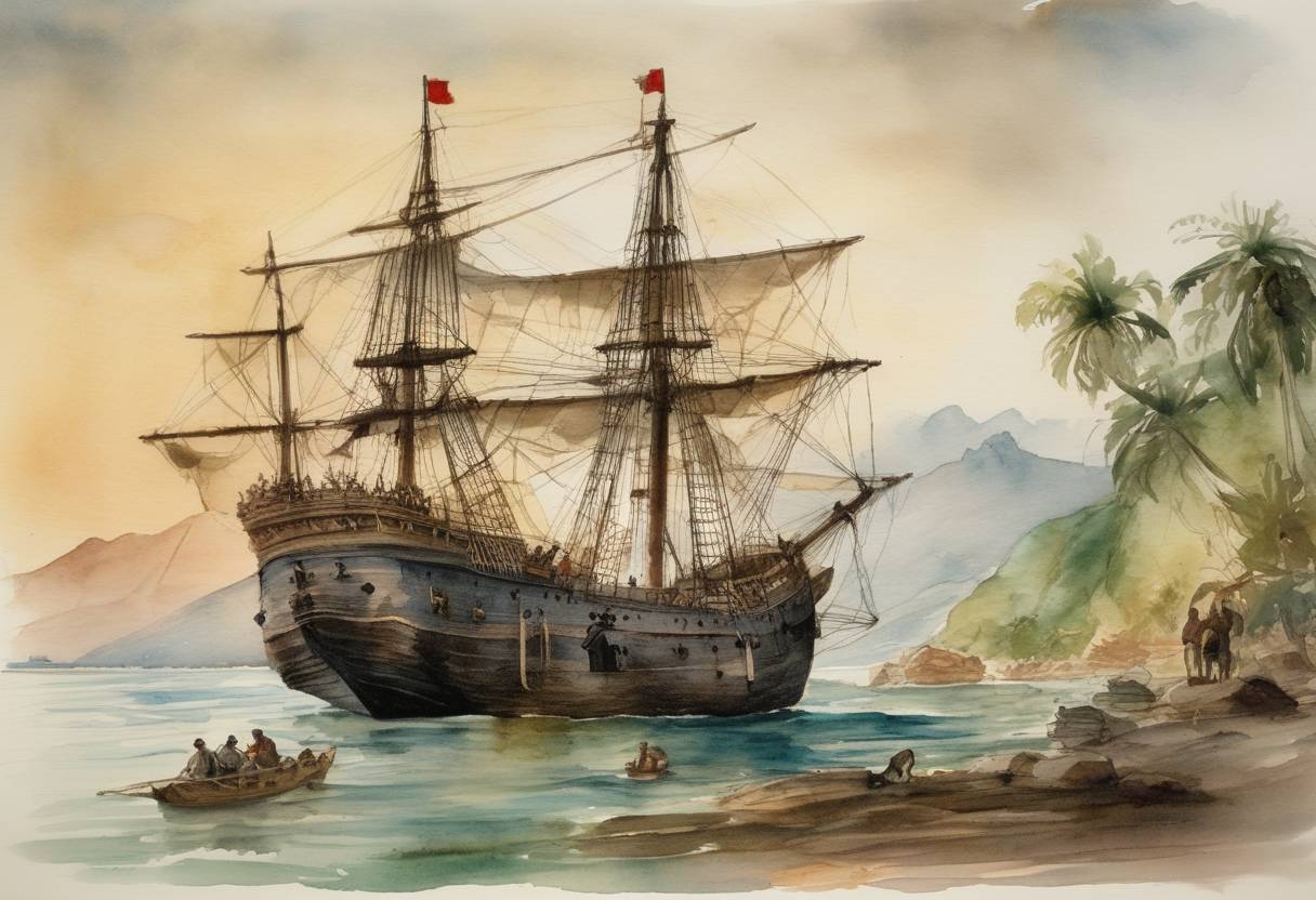 Watercolor painting based depiction of The Santa María, one of the ships of Christopher Columbus’s expedition, ran aground and sank off the coast of Hispaniola (modern-day Haiti). This accident led Columbus to establish the settlement of La Navidad from its remains. (1492)